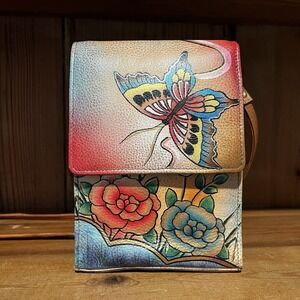 Anuschka Leather Painted Butterfly Floral Crossbody Organizer Kisslock Art NWOT